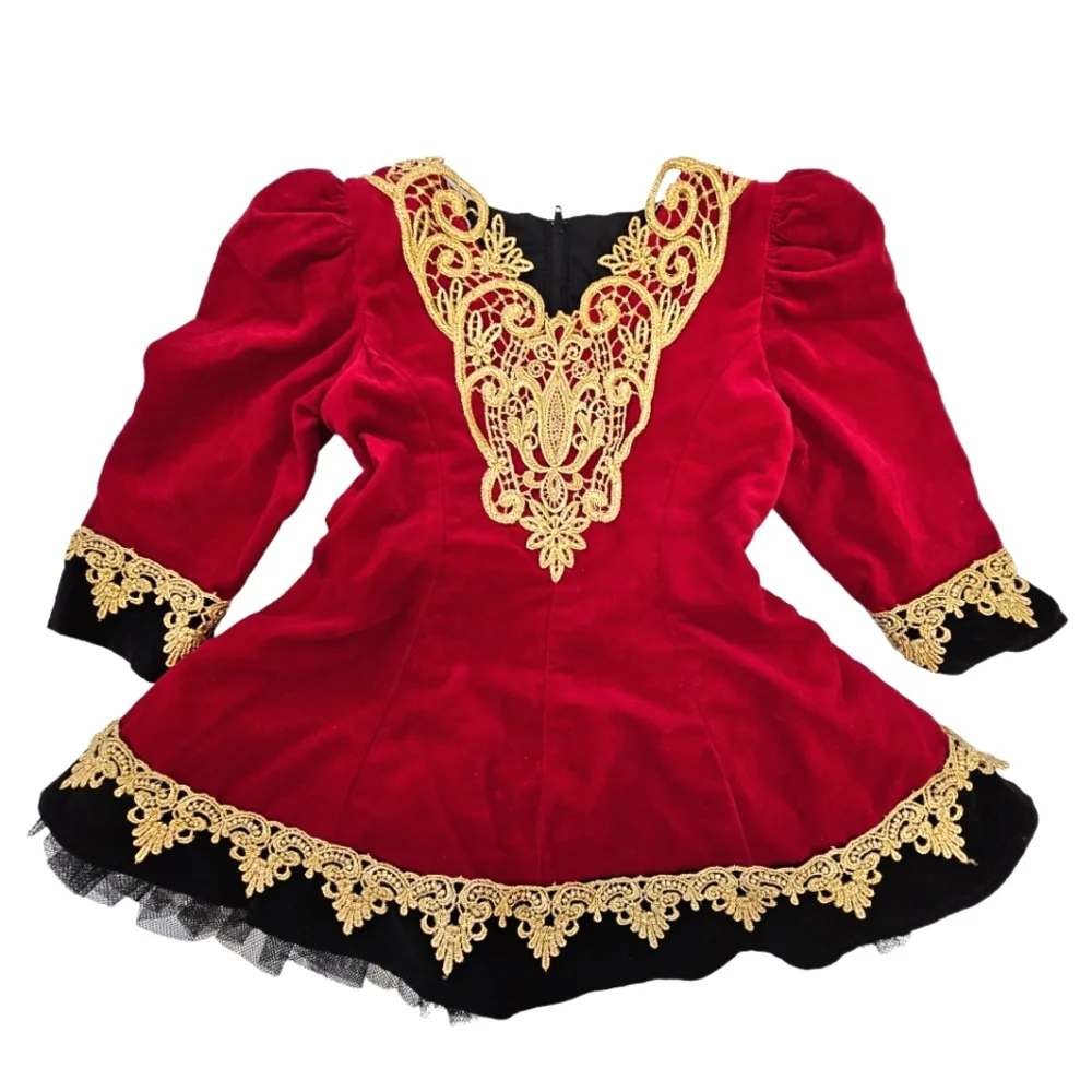 Hollywood Babe Toddler Girls Red Velvet/Gold  Embroidered Lace Longsleeve Dress